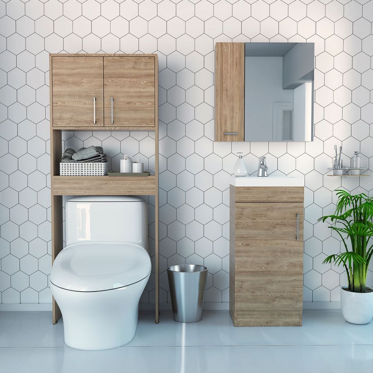 TUHOME - Combo Botiquin De Bano Con Espejo + Estante Wc 2 Puertas + Vanitorio Miel