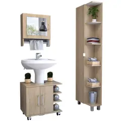 TUHOME - Combo Botiquin Con Colgador + Estante De Bano + Mueble Para Lavamanos Rovere