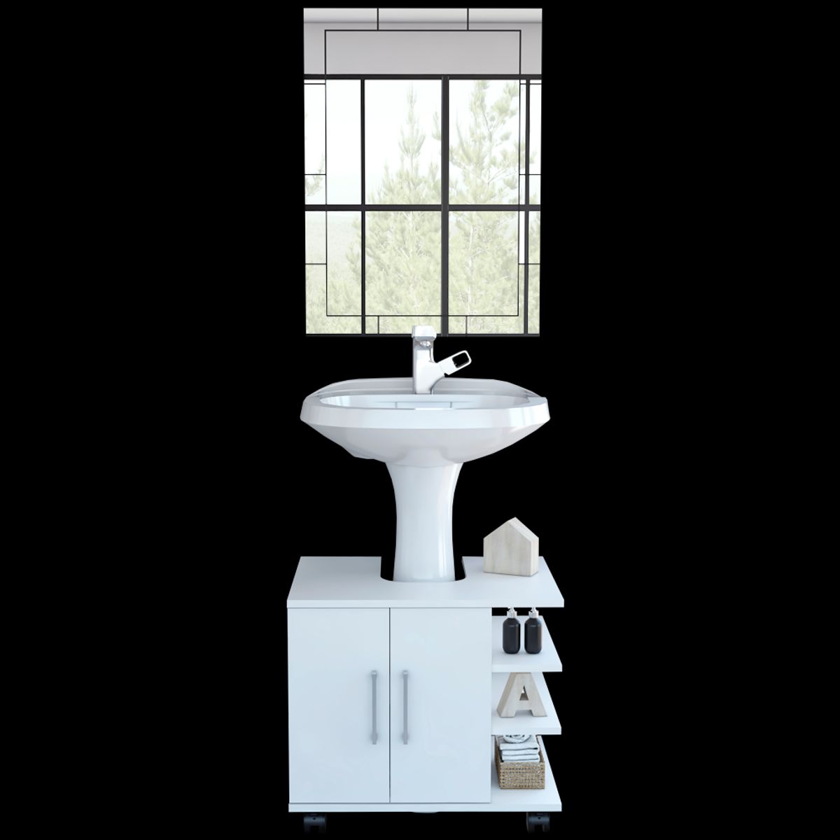 TUHOME - Combo Mueble Para Lavamanos 2 Puertas Con Ruedas + Espejo Blanco