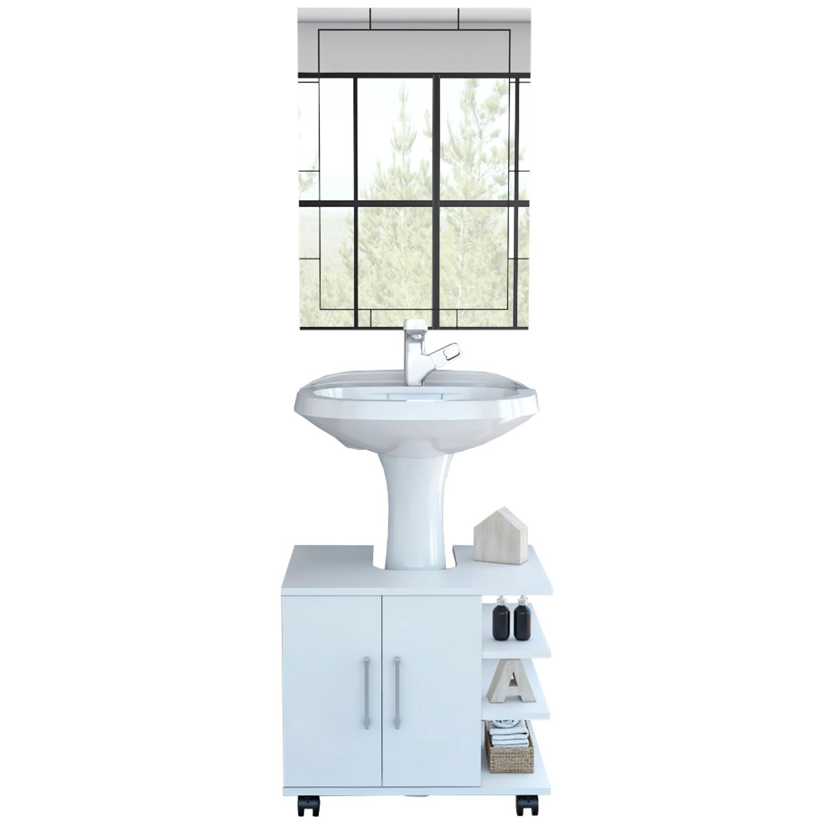 TUHOME - Combo Mueble Para Lavamanos 2 Puertas Con Ruedas + Espejo Blanco