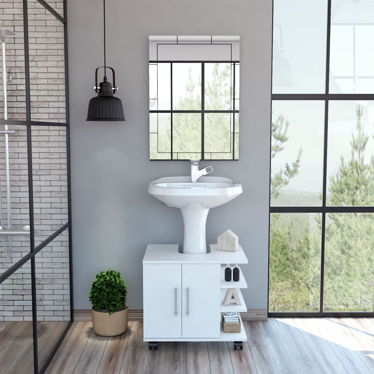 TUHOME - Combo Mueble Para Lavamanos 2 Puertas Con Ruedas + Espejo Blanco