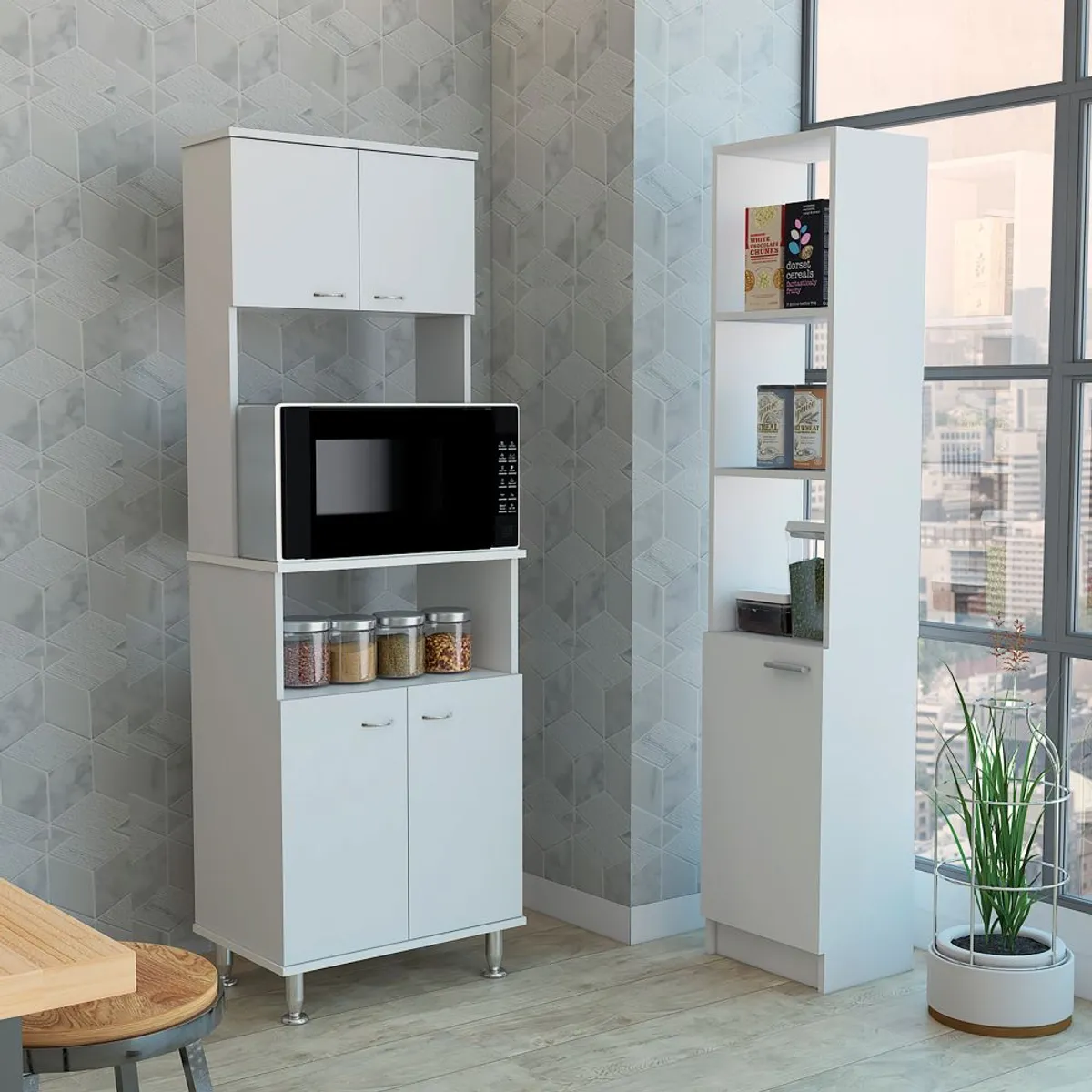 TUHOME - Combo Mueble Microondas 4 Puertas + Mueble Despensa 1 Puerta Blanco