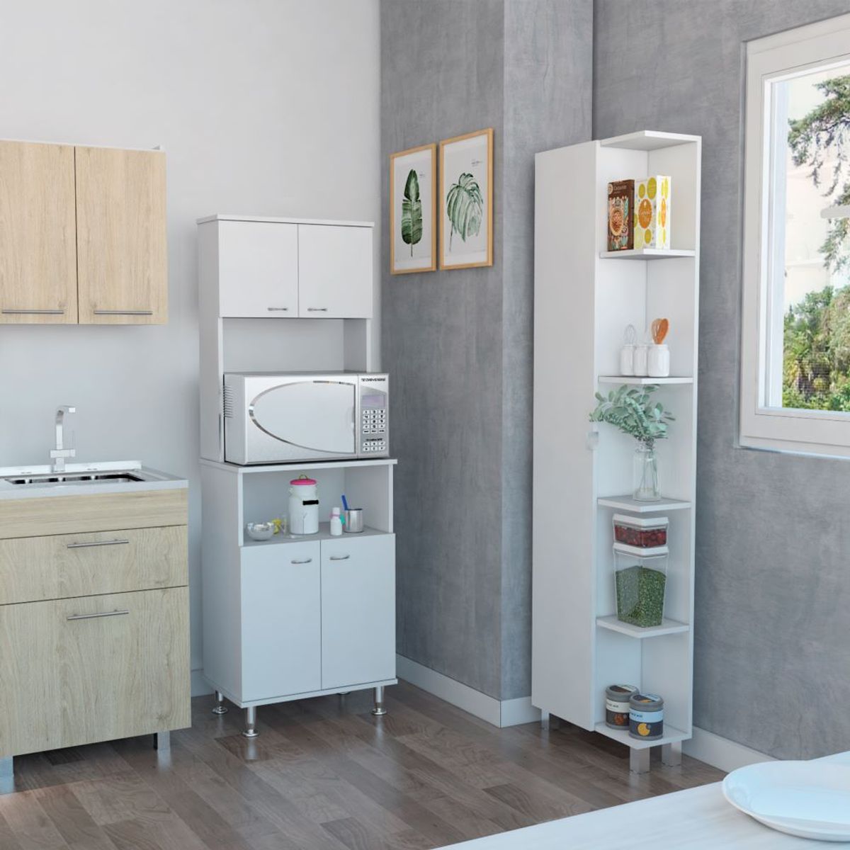 TUHOME - Combo Despensa Cocina 1 Puerta + Mueble Microondas 4 Puertas Blanco