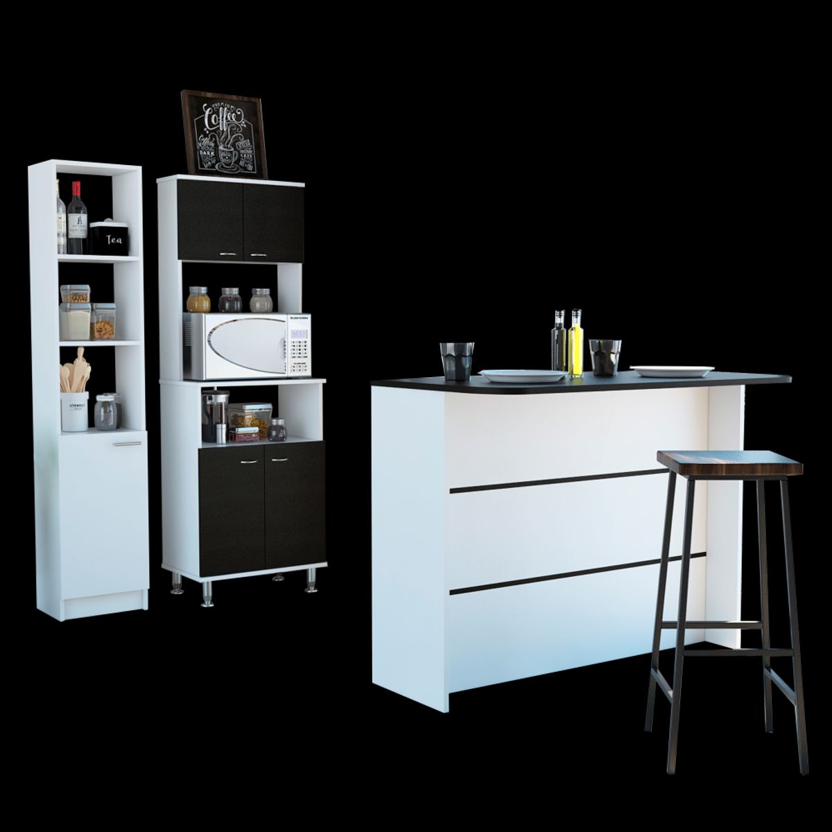 TUHOME - Combo Isla De Cocina + Mueble Microondas + Despensa Blanco Y Wengue