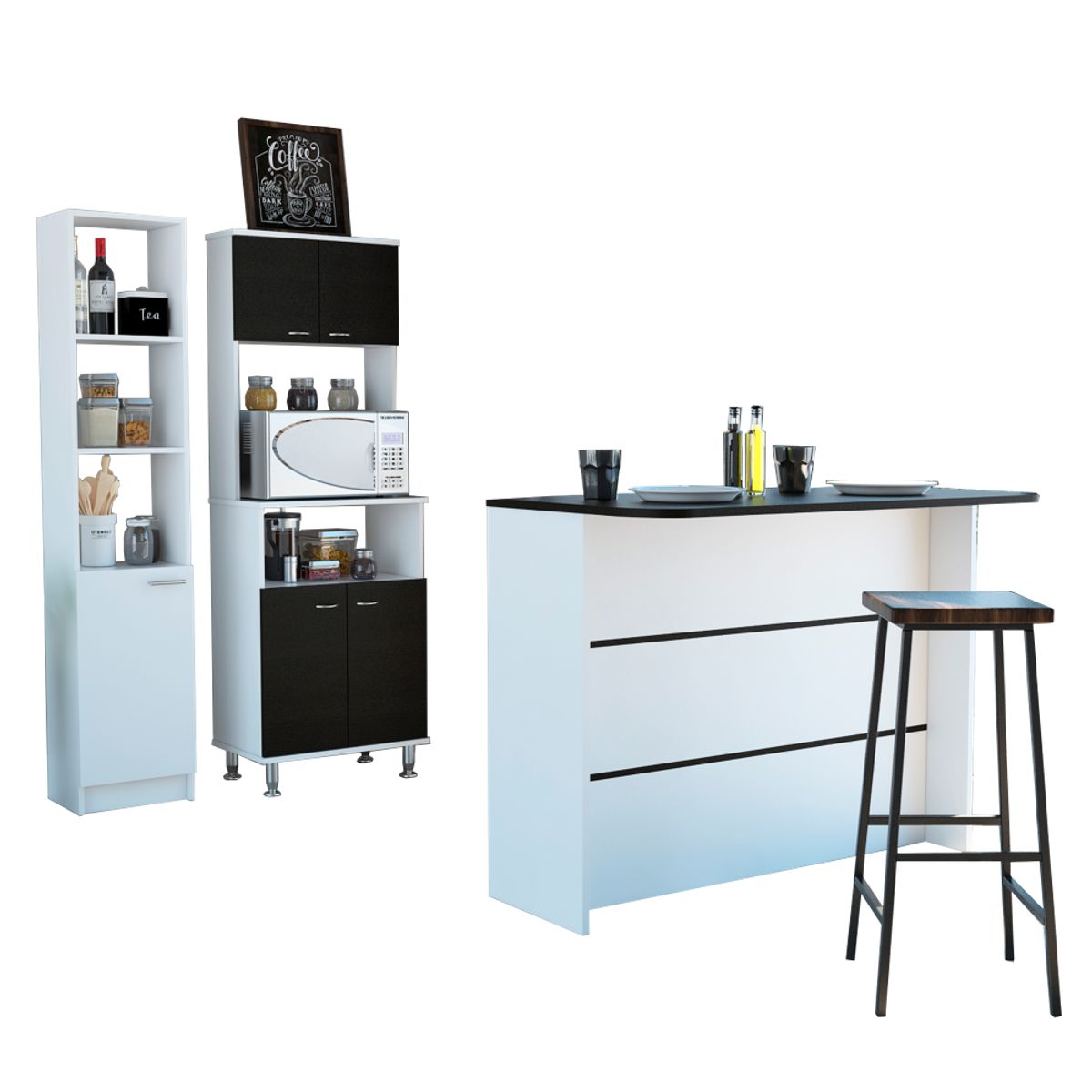 TUHOME - Combo Isla De Cocina + Mueble Microondas + Despensa Blanco Y Wengue