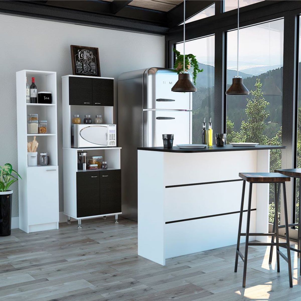 TUHOME - Combo Isla De Cocina + Mueble Microondas + Despensa Blanco Y Wengue
