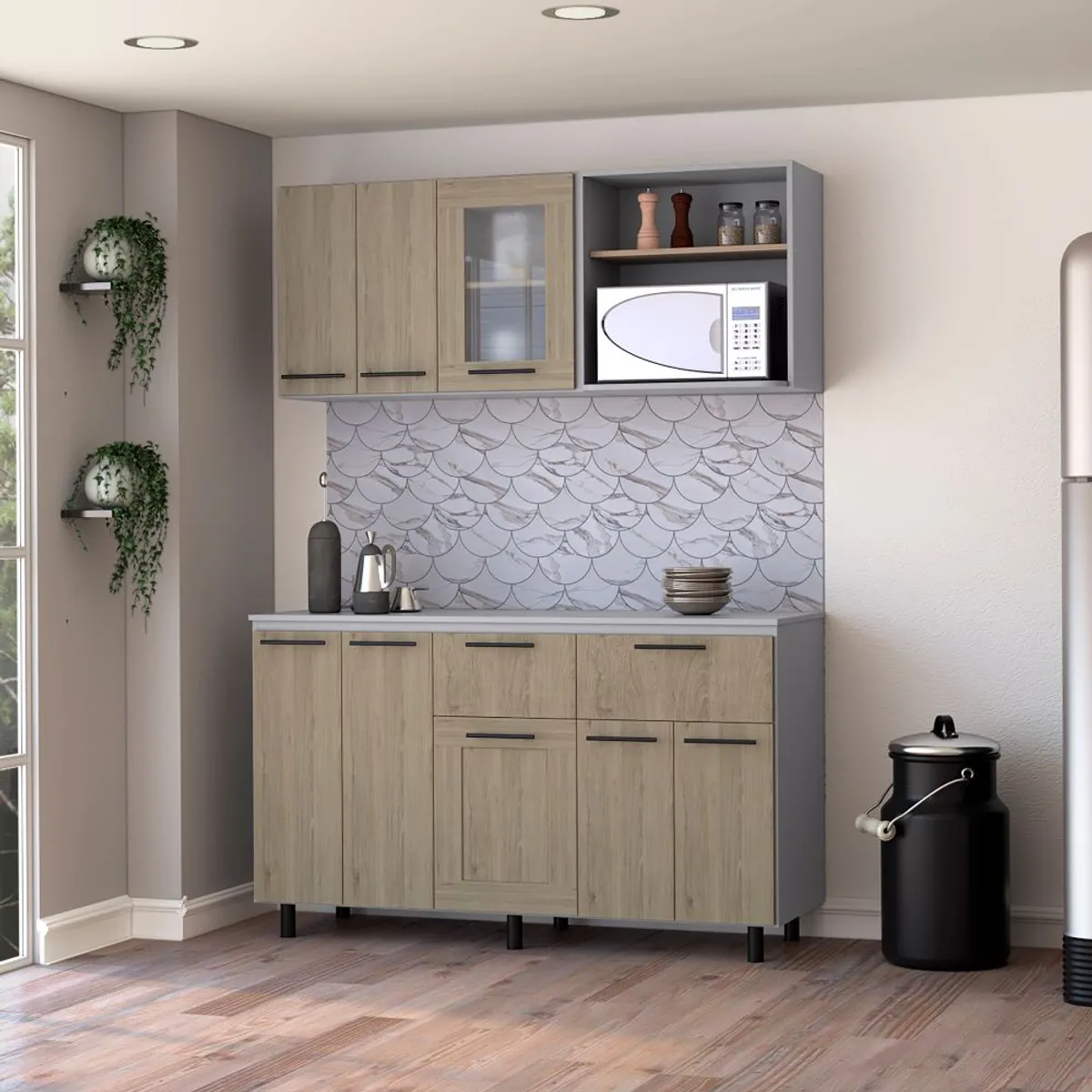 TUHOME - Kit De Cocina Mueble Aereo + Mueble Base 5 Puertas 2 Cajones Rovere Niebla