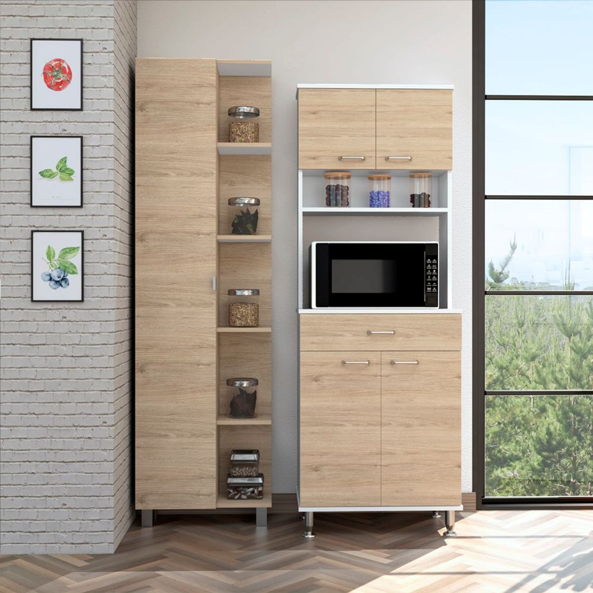 TUHOME - Combo De Cocina Mueble Microondas + Despensa 1 Puerta Rovere Y Blanco