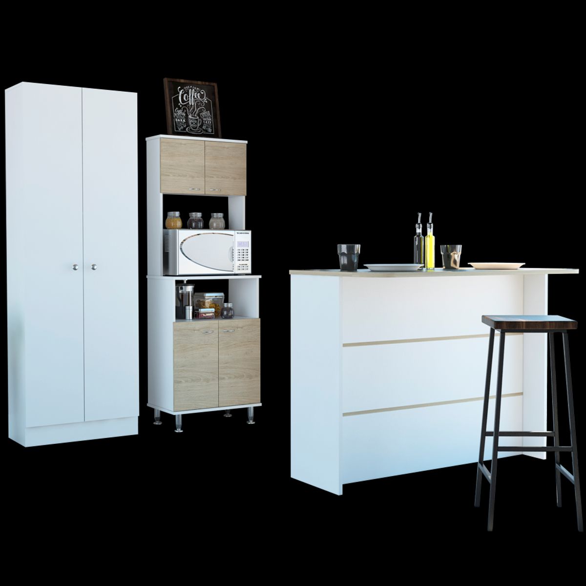 TUHOME - Combo Despensa + Mueble Microondas + Isla De Cocina Rovere Y Blanco
