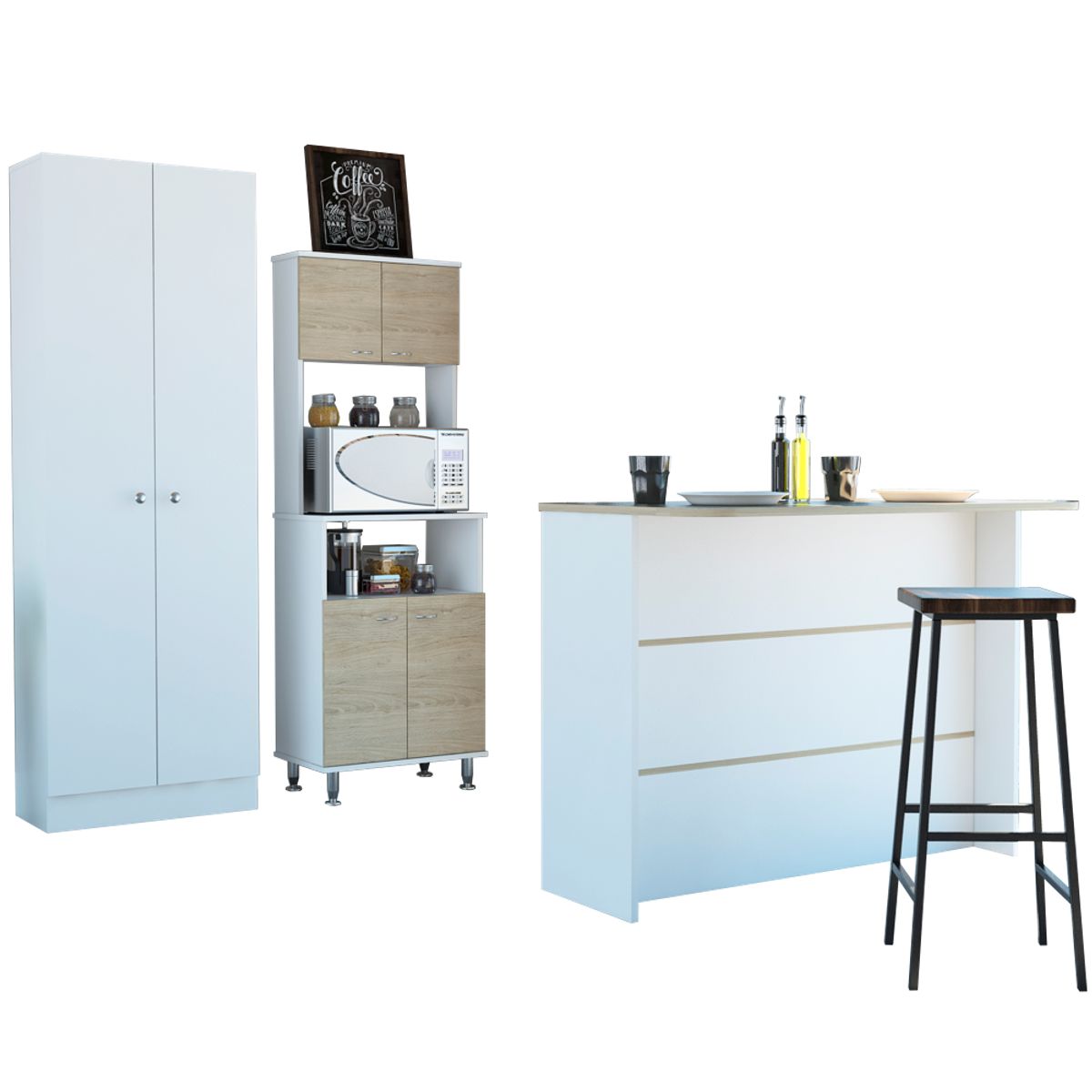 TUHOME - Combo Despensa + Mueble Microondas + Isla De Cocina Rovere Y Blanco