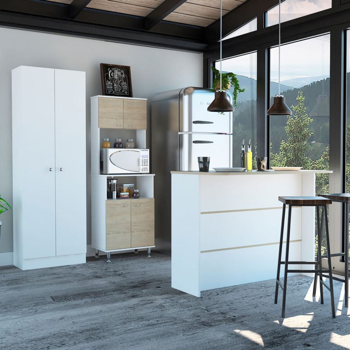 TUHOME - Combo Despensa + Mueble Microondas + Isla De Cocina Rovere Y Blanco