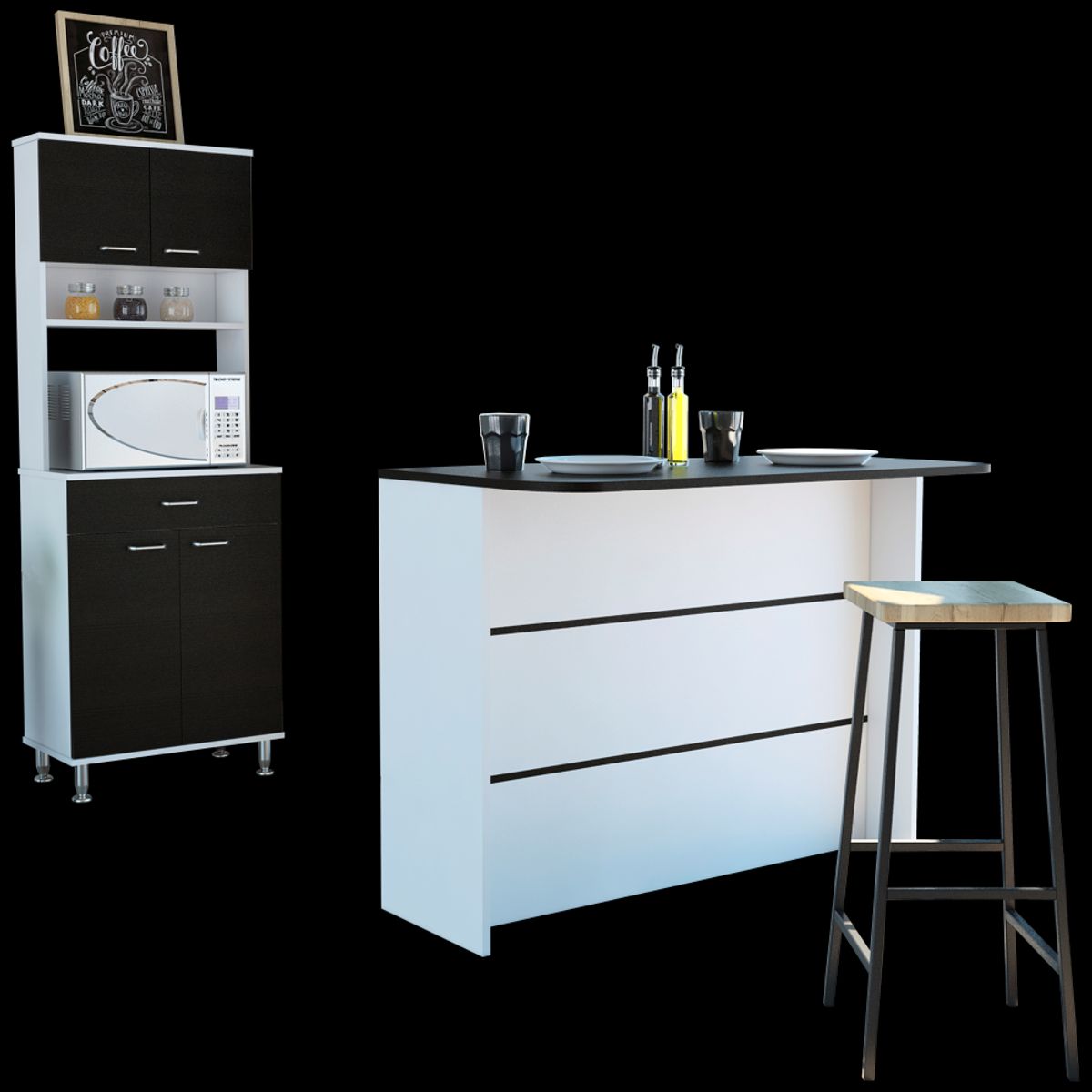 TUHOME - Combo Isla De Cocina + Mueble Microondas 4 Puertas 1 Cajon Wengue Y Blanco
