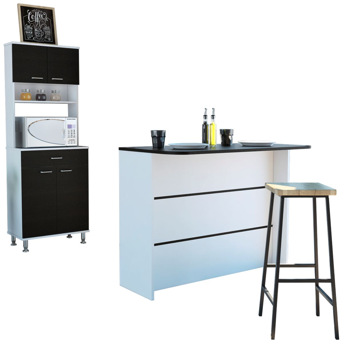 TUHOME - Combo Isla De Cocina + Mueble Microondas 4 Puertas 1 Cajon Wengue Y Blanco