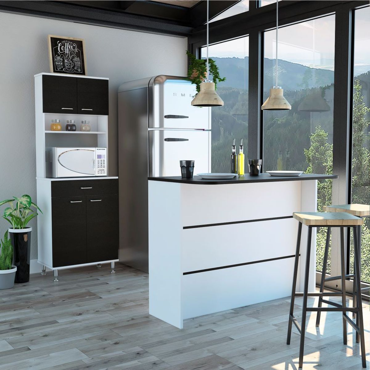TUHOME - Combo Isla De Cocina + Mueble Microondas 4 Puertas 1 Cajon Wengue Y Blanco