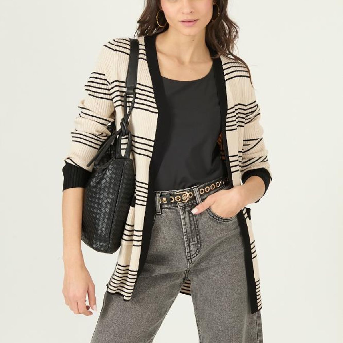 PRIVILEGE - Tapado tejido beige rayas 2968