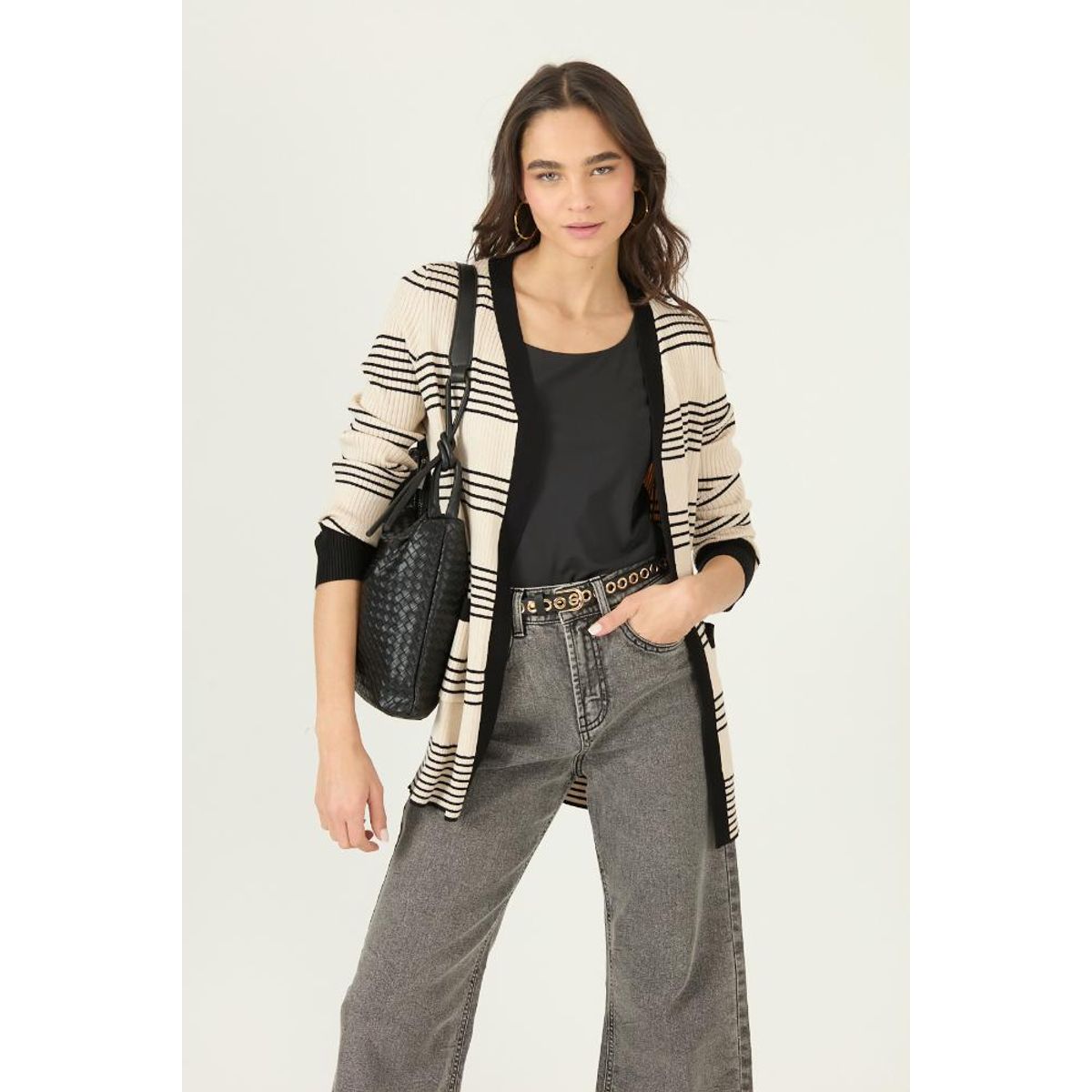 PRIVILEGE - Tapado tejido beige rayas 2968