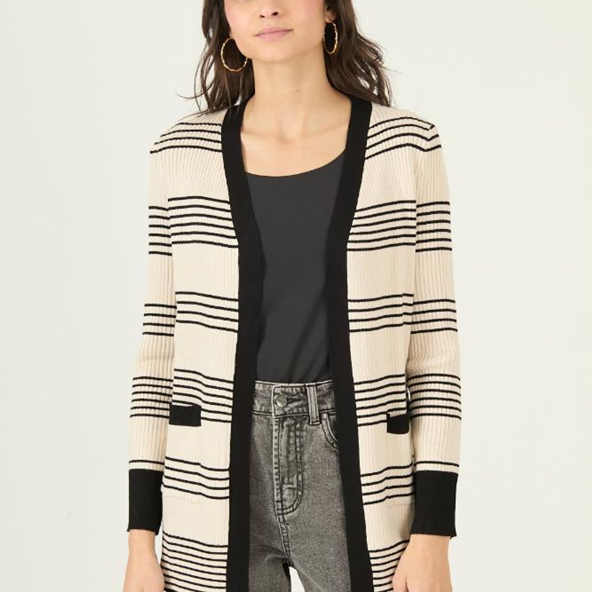 PRIVILEGE - Tapado tejido beige rayas 2968