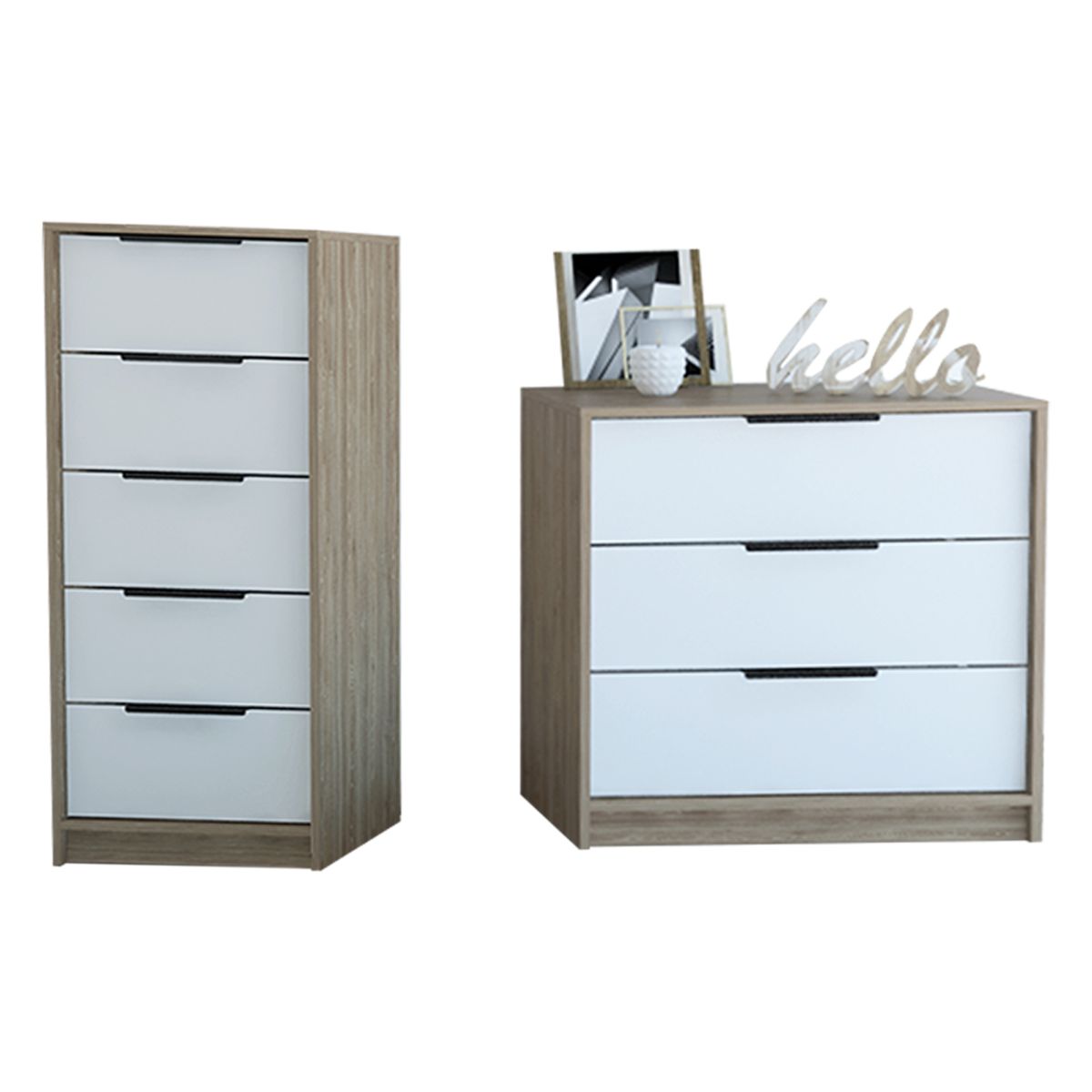 TUHOME - Combo Comoda 5 Cajones + Comoda 3 Cajones Kaia Miel Y Blanco