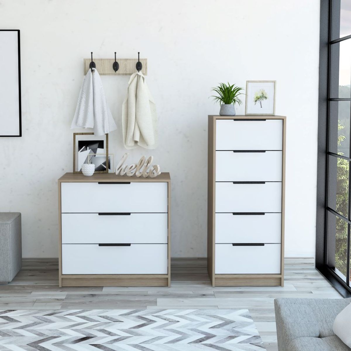 TUHOME - Combo Comoda 5 Cajones + Comoda 3 Cajones Kaia Miel Y Blanco