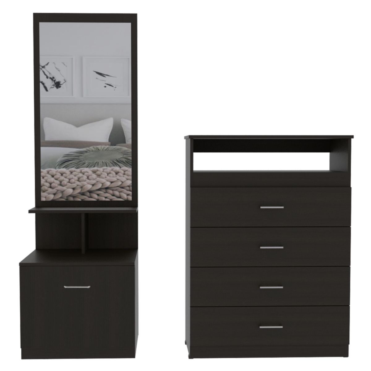 TUHOME - Combo Comoda 4 Cajones + Velador Alto Con Espejo Wengue