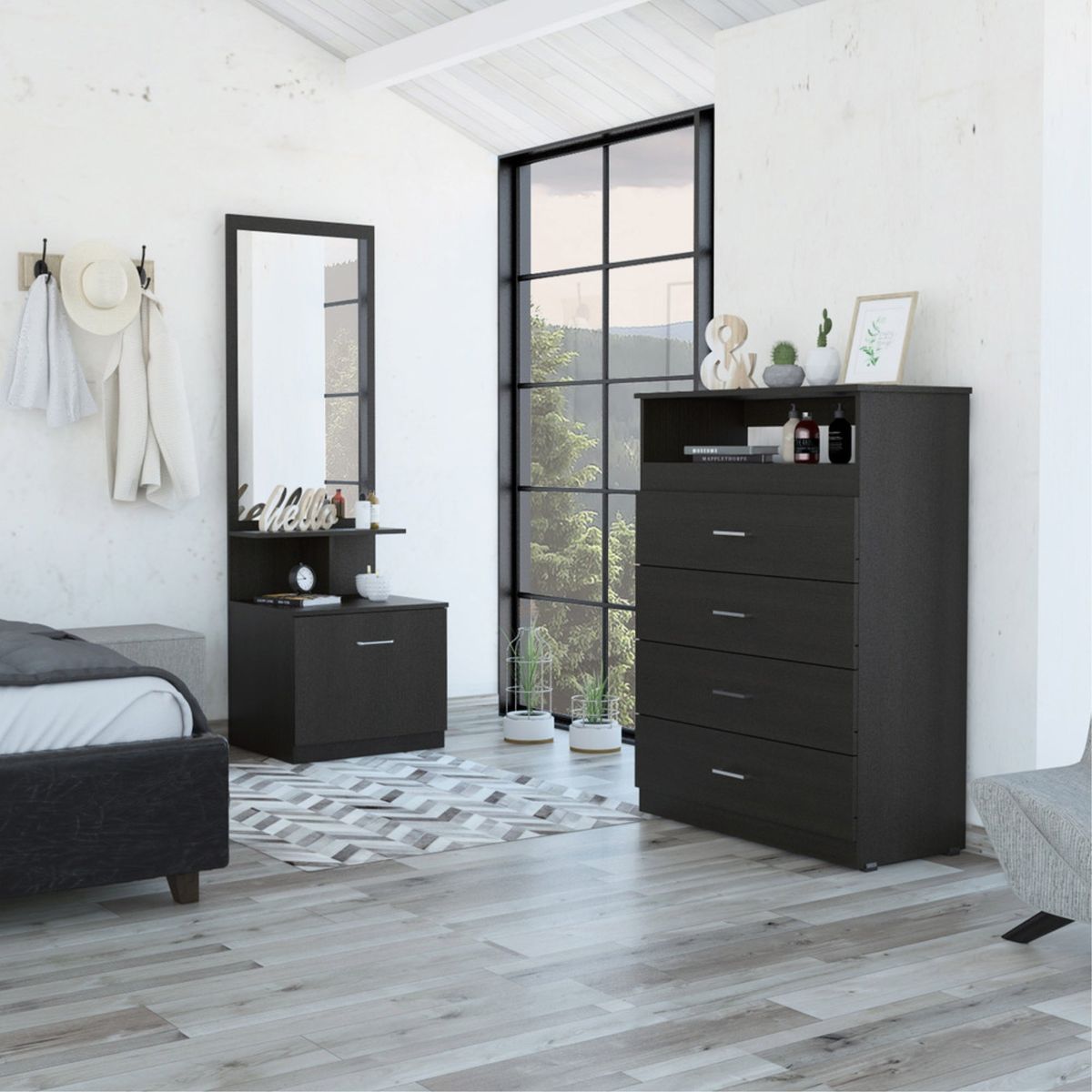 TUHOME - Combo Comoda 4 Cajones + Velador Alto Con Espejo Wengue