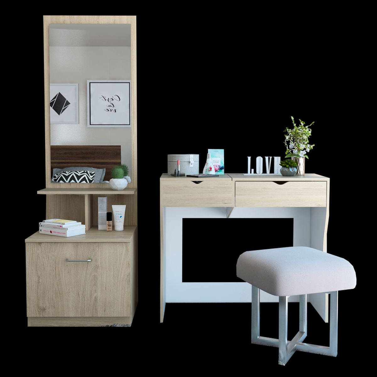 TUHOME - Combo Mueble Tocador + Velador Con Espejo Rovere Y Blanco