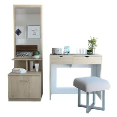 TUHOME - Combo Mueble Tocador + Velador Con Espejo Rovere Y Blanco