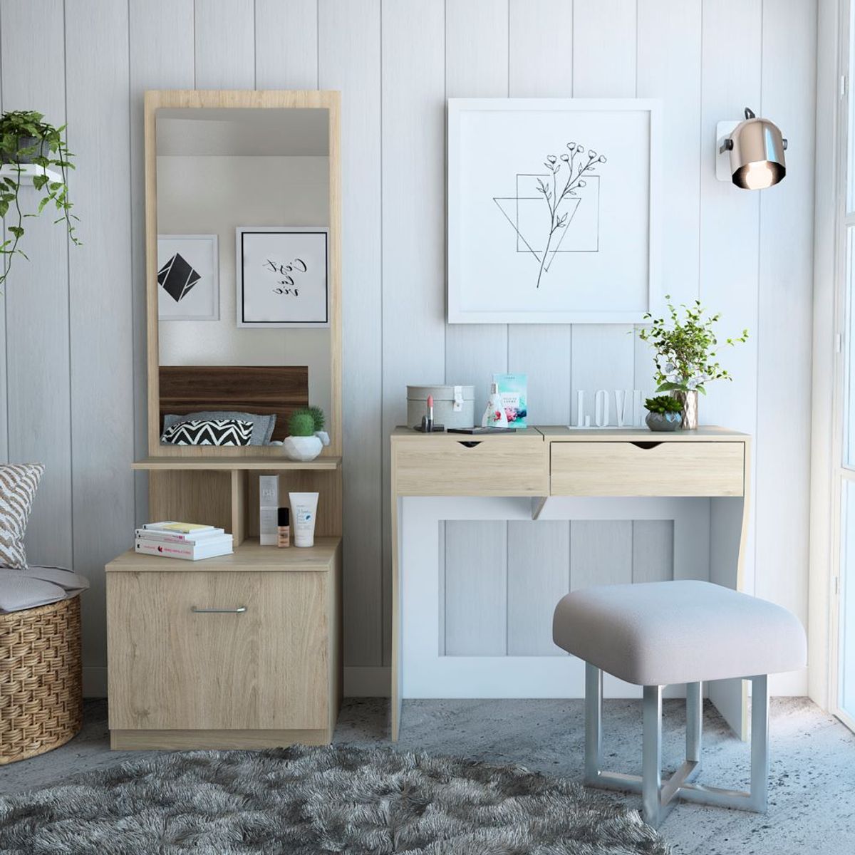 TUHOME - Combo Mueble Tocador + Velador Con Espejo Rovere Y Blanco