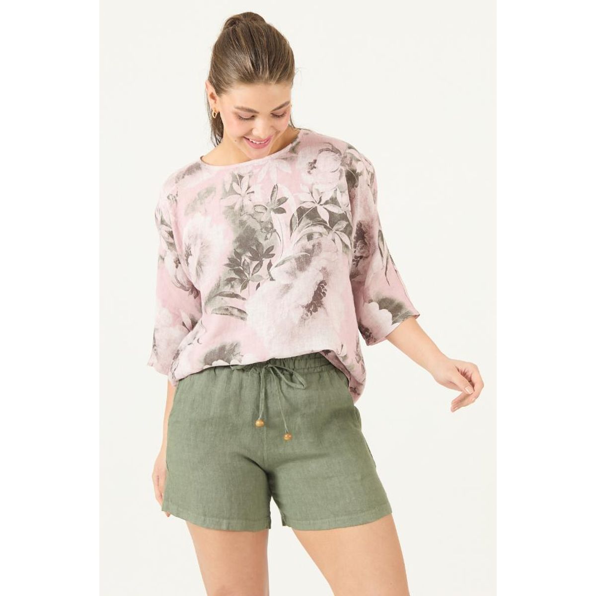 PRIVILEGE - Shorts de lino straight verde PRIVILEGE 3446