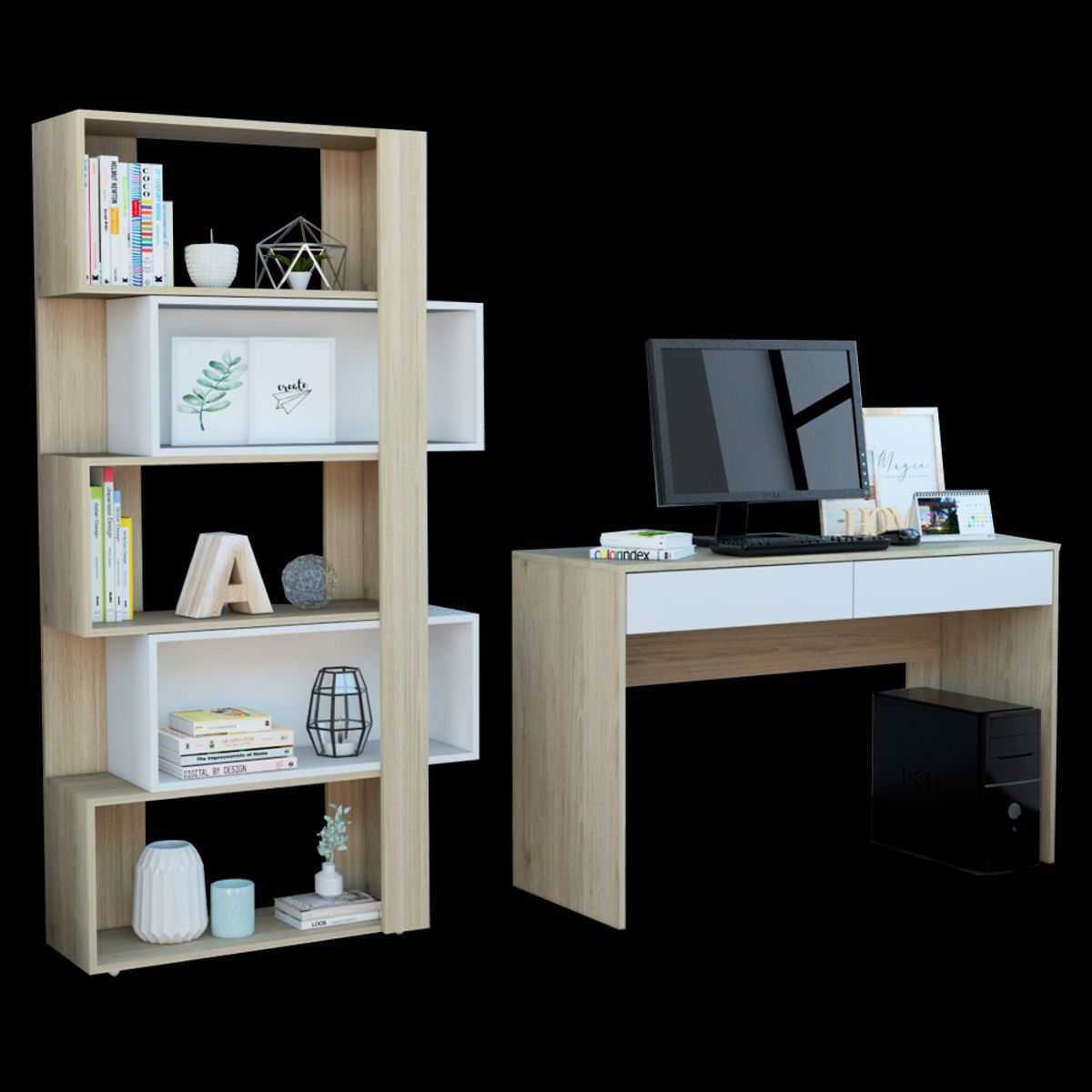 TUHOME - Combo Escritorio 2 Cajones + Biblioteca Office Rovere Y Blanco