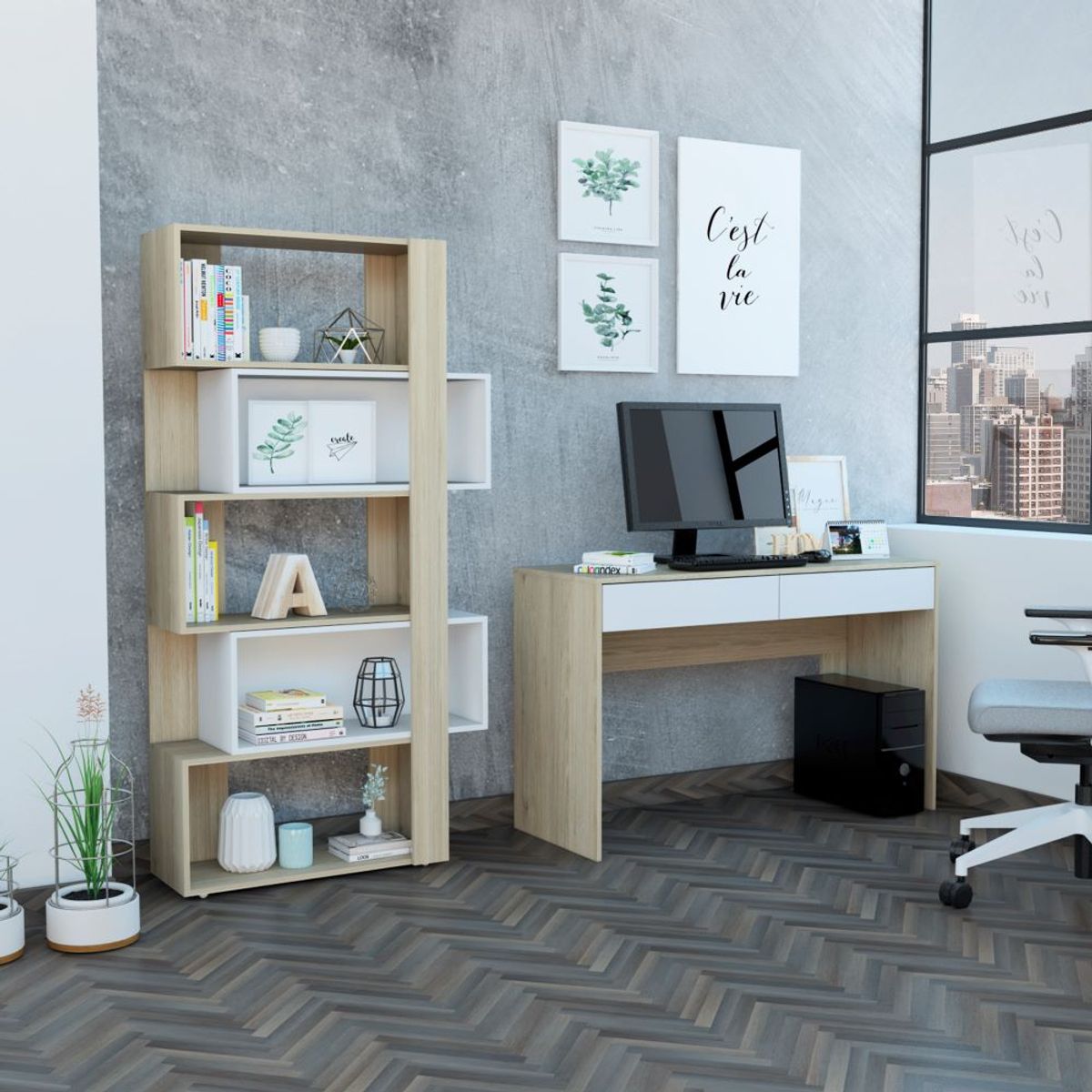 TUHOME - Combo Escritorio 2 Cajones + Biblioteca Office Rovere Y Blanco