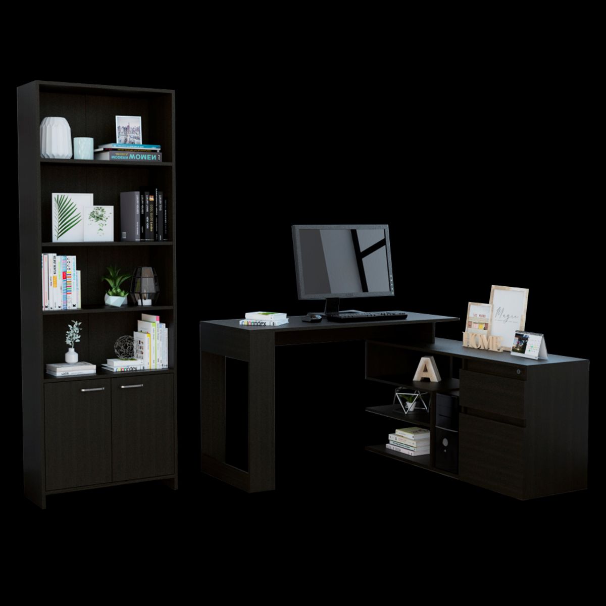 TUHOME - Combo Escritorio En L + Biblioteca Office 2 Puertas Wengue