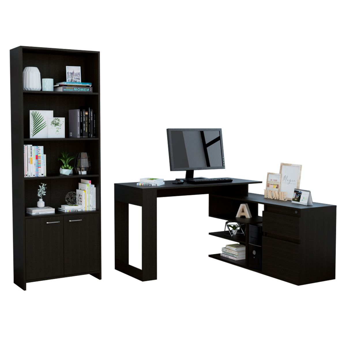 TUHOME - Combo Escritorio En L + Biblioteca Office 2 Puertas Wengue