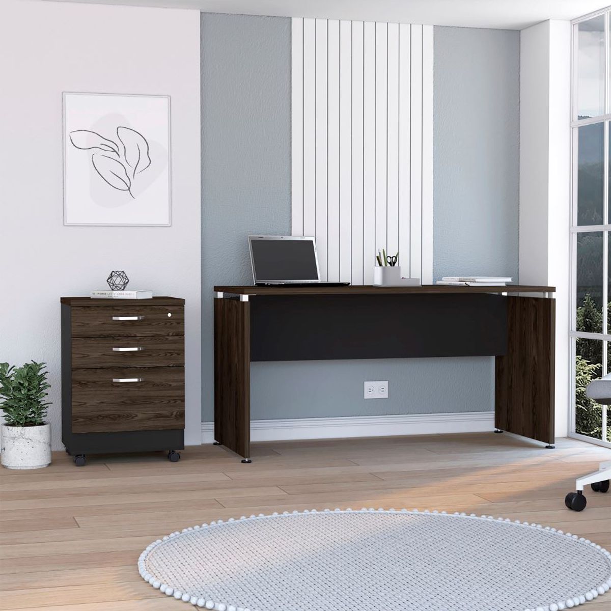 TUHOME - Combo Mesa Escritorio 150 Cm + Cajonera Con Ruedas Coñac