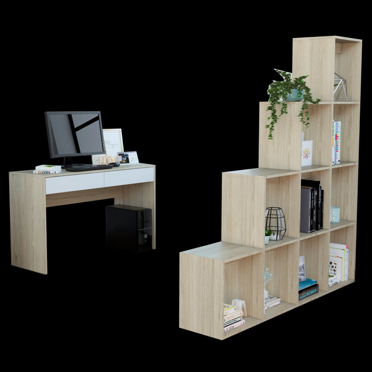 TUHOME - Combo Escritorio 2 Cajones + Biblioteca Escalera Roverre Y Blanco