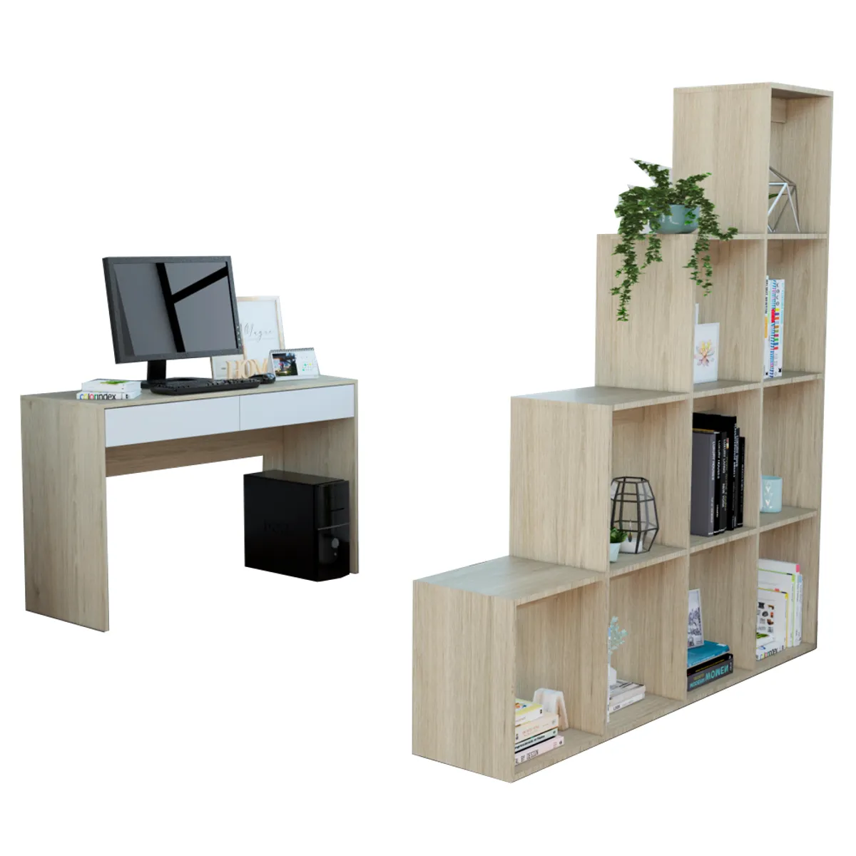 TUHOME - Combo Escritorio 2 Cajones + Biblioteca Escalera Roverre Y Blanco