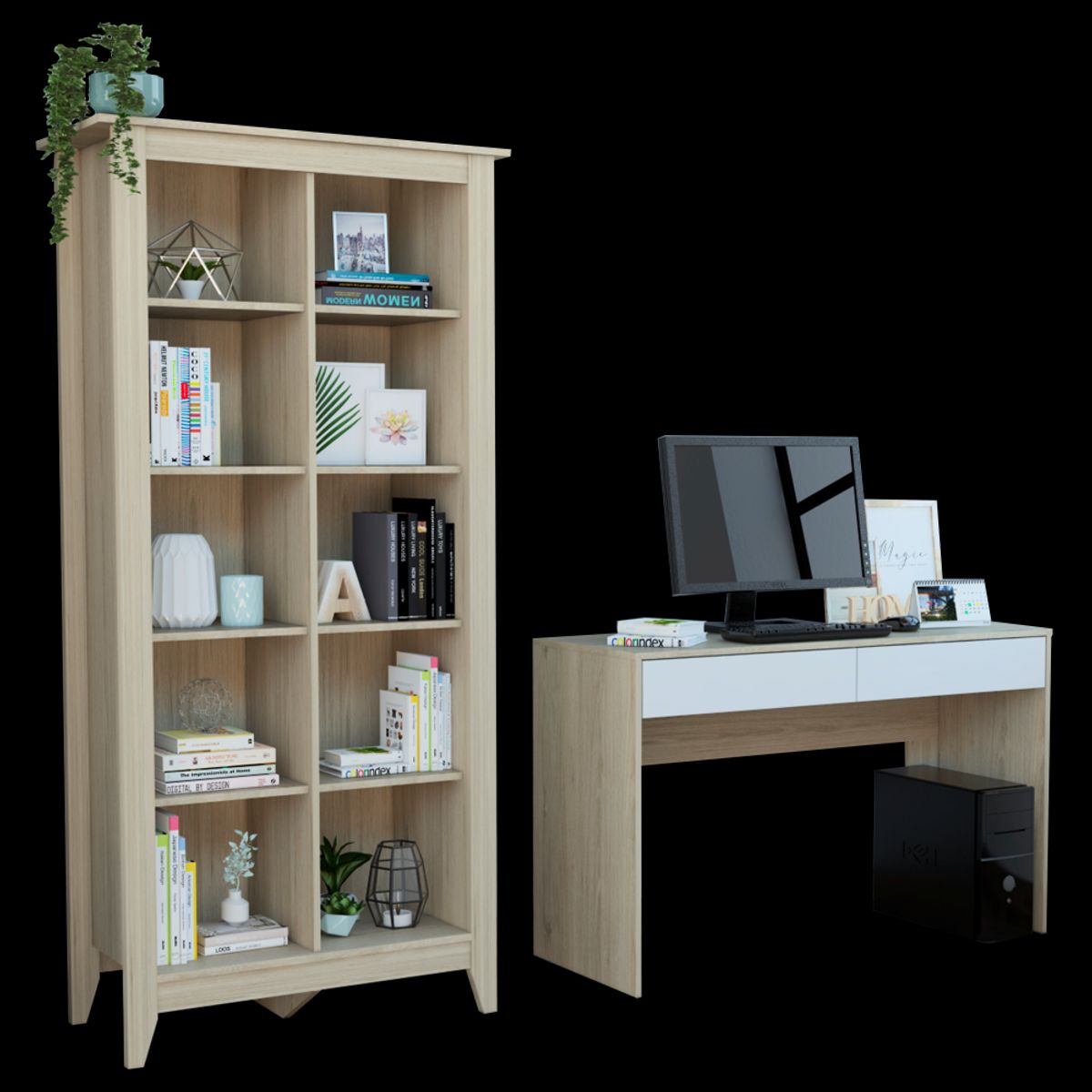 TUHOME - Combo Escritorio 2 Cajones + Biblioteca 10 Espacios Rovere Y Blanco