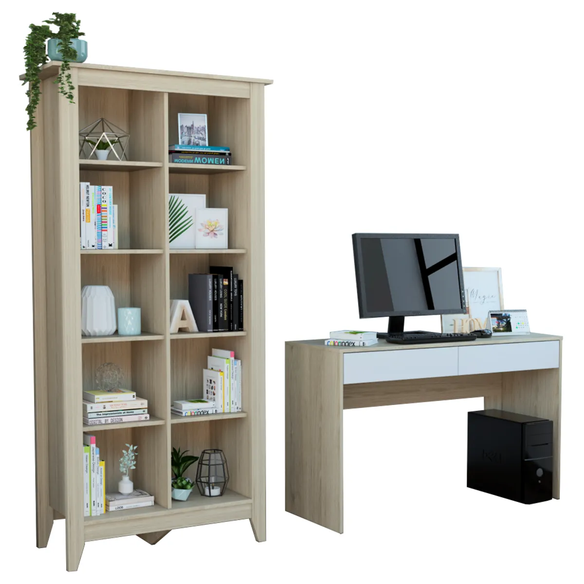 TUHOME - Combo Escritorio 2 Cajones + Biblioteca 10 Espacios Rovere Y Blanco