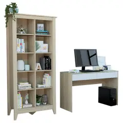 TUHOME - Combo Escritorio 2 Cajones + Biblioteca 10 Espacios Rovere Y Blanco