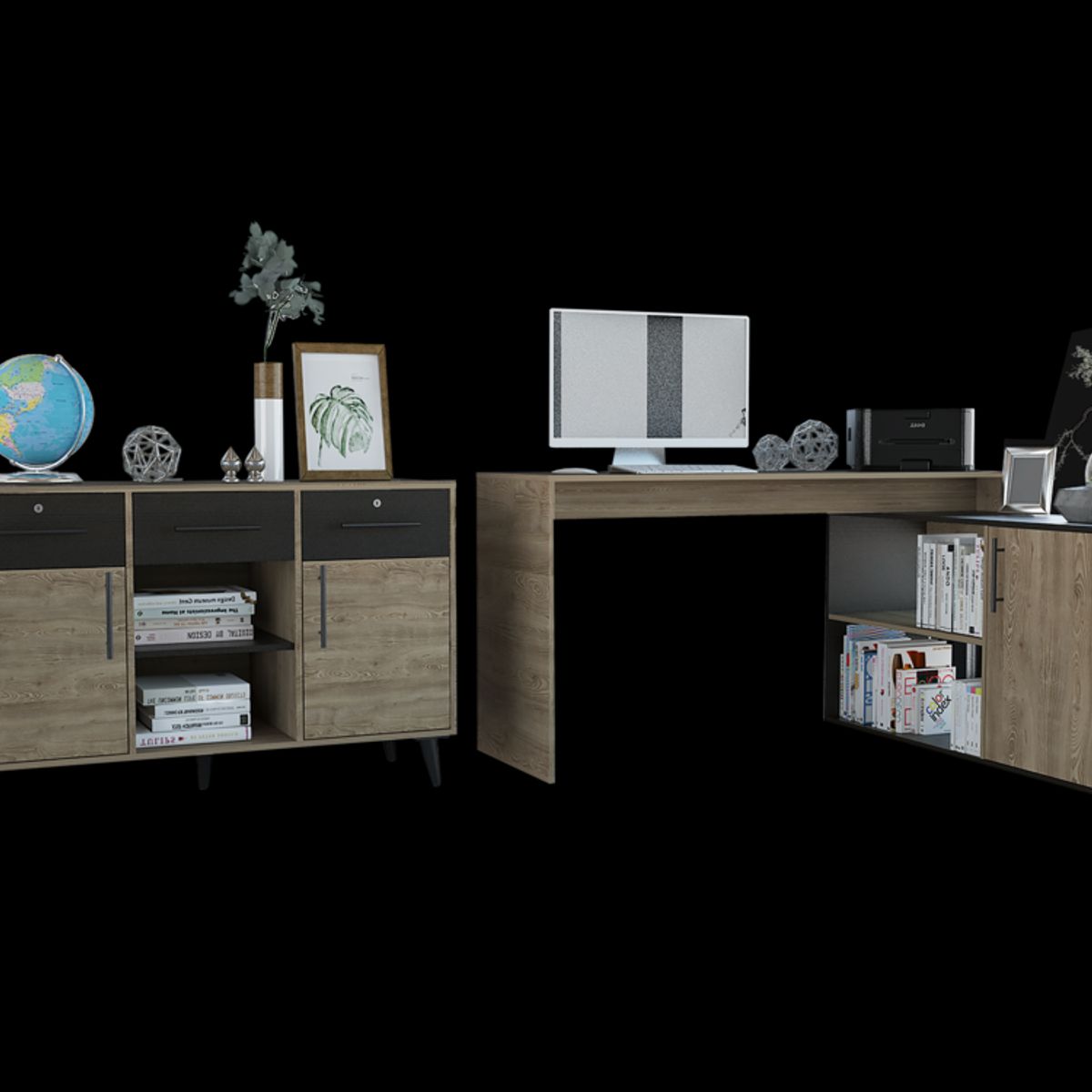 TUHOME - Combo Escritorio En L + Buffet 2 Puertas 3 Cajones Wengue Y Miel