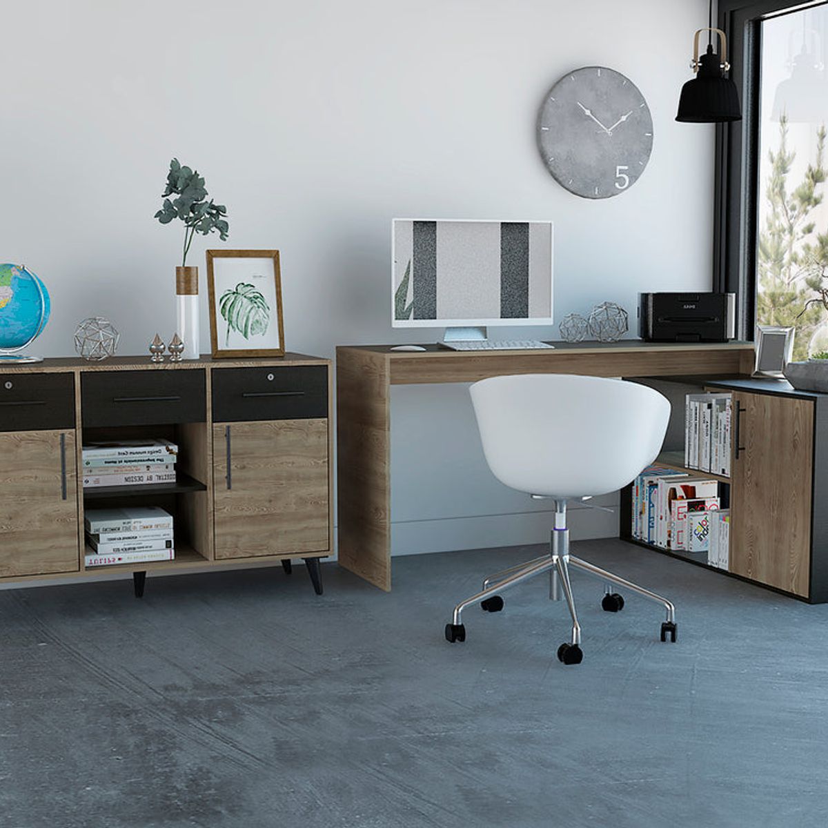 TUHOME - Combo Escritorio En L + Buffet 2 Puertas 3 Cajones Wengue Y Miel