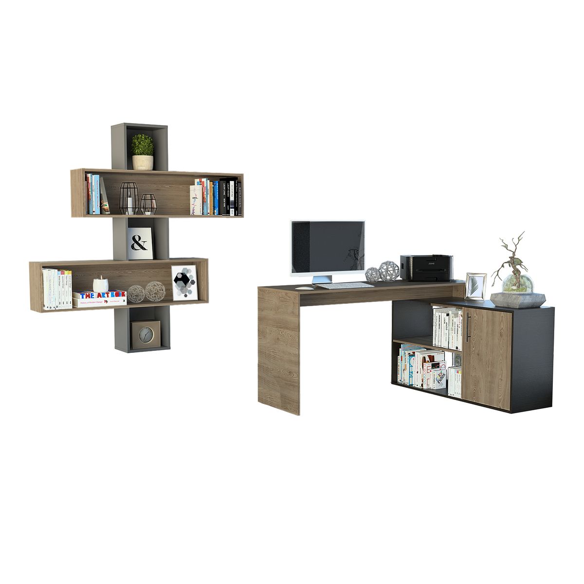 TUHOME - Combo Escritorio En L + Repisa Wall Miel Y Wengue