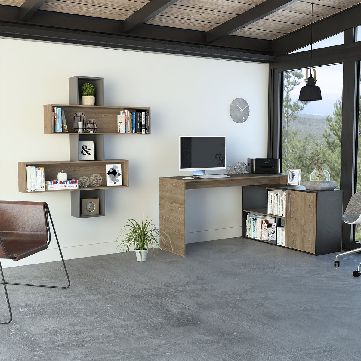 TUHOME - Combo Escritorio En L + Repisa Wall Miel Y Wengue