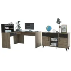 TUHOME - Combo Escritorio En L + Buffet 3 Cajones Miel Y Wengue