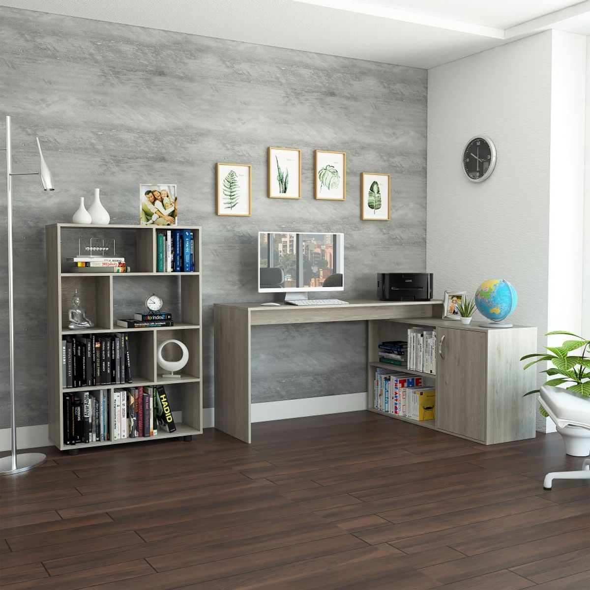 TUHOME - Combo Escritorio En L 1 Puerta + Biblioteca Organizadora Ceniza