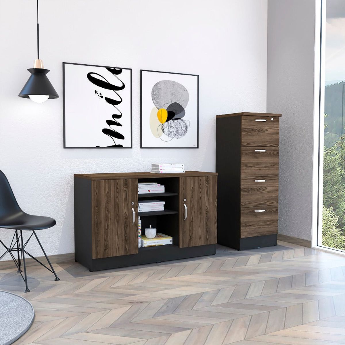 TUHOME - Combo Buffet 2 Puertas + Cajonera Alta 4 Cajones Negro Y Coñac