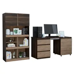 TUHOME - Combo Biblioteca 2 Puertas + Escritorio Expandible Miel Y Café Oscuro
