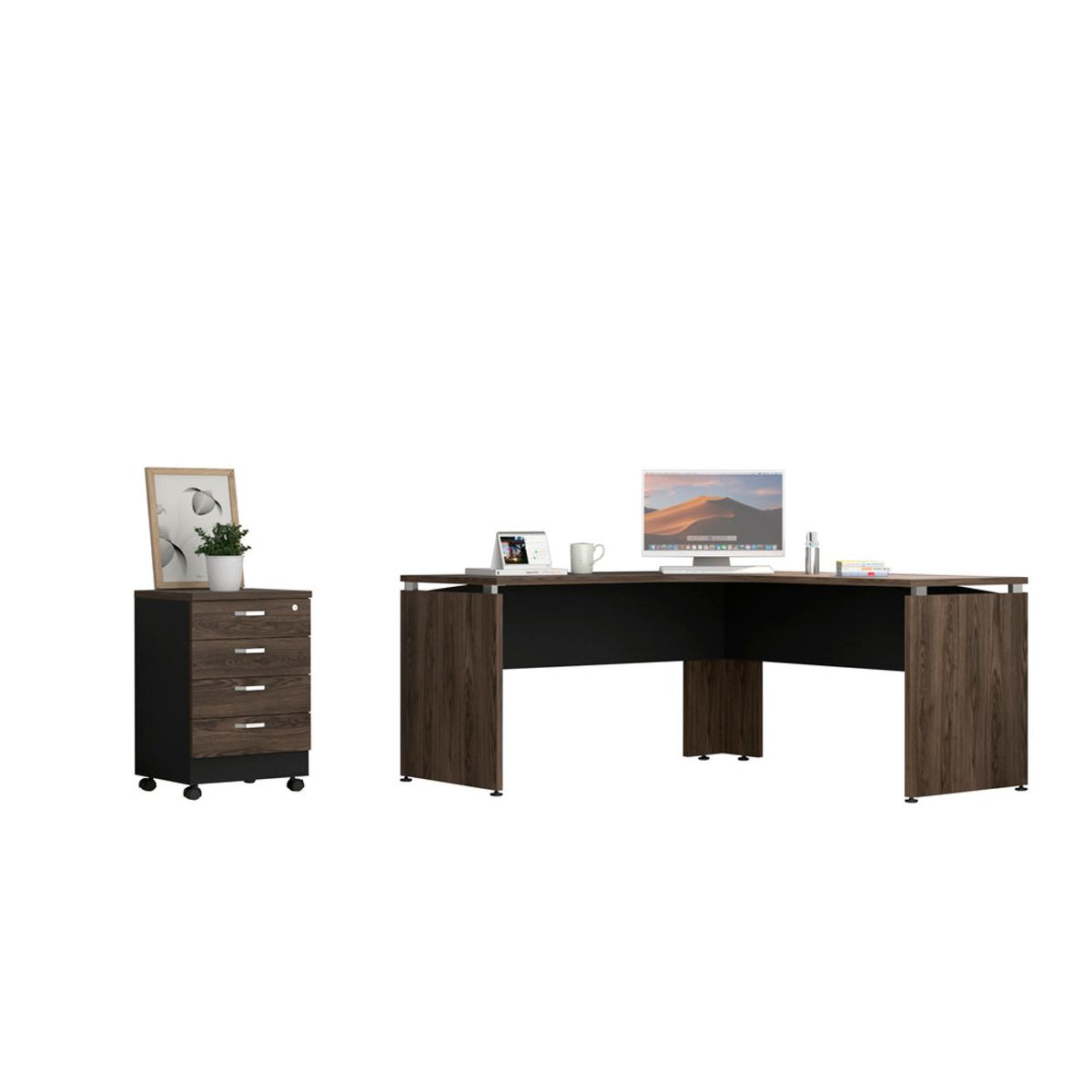 TUHOME - Combo Escritorio En L + Cajonera 4 Cajones Negro Y Coñac