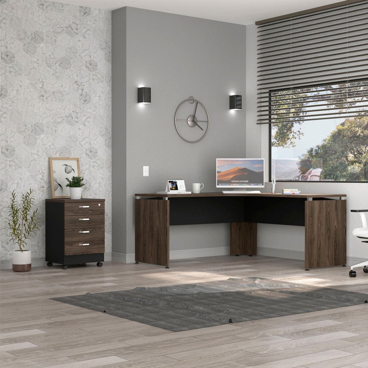 TUHOME - Combo Escritorio En L + Cajonera 4 Cajones Negro Y Coñac
