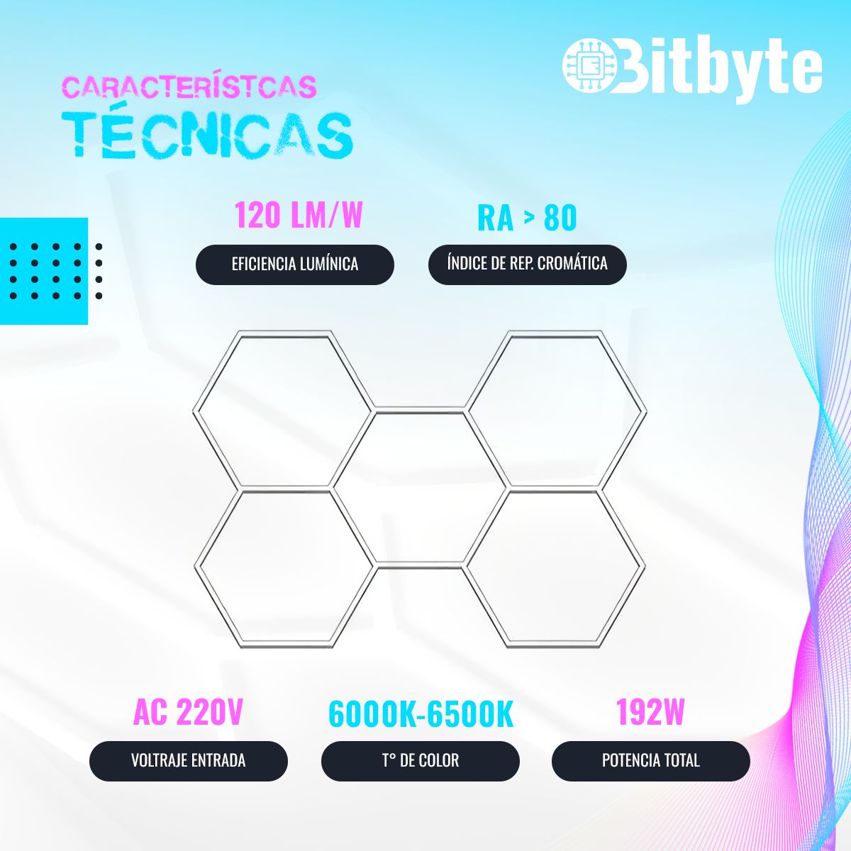 BITBYTE - Luminaria LED Hexagonal Bitbyte 192W Blanca Fría 6500K Para Techo